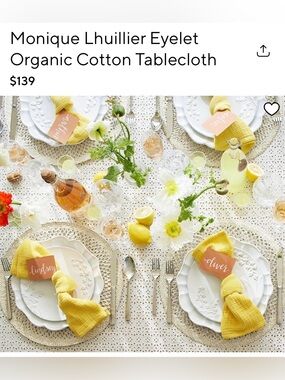 Monique Lhuillier Ivory Eyelet Organic Cotton Tablecloth